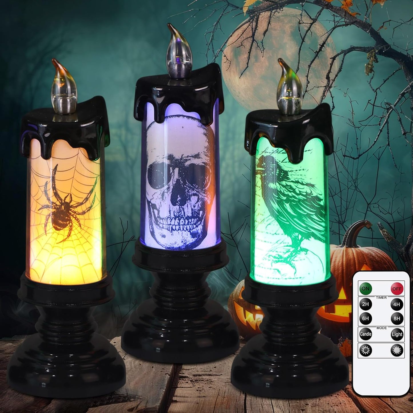 Halloween Flameless Candles, LED Flickering Battery Pillar Candles with 6H Timer and Pumpkin Decals, Spooky Fall Halloween Festival Party Decoration Set of 3 (D 3β X H 4β 5β 6β)