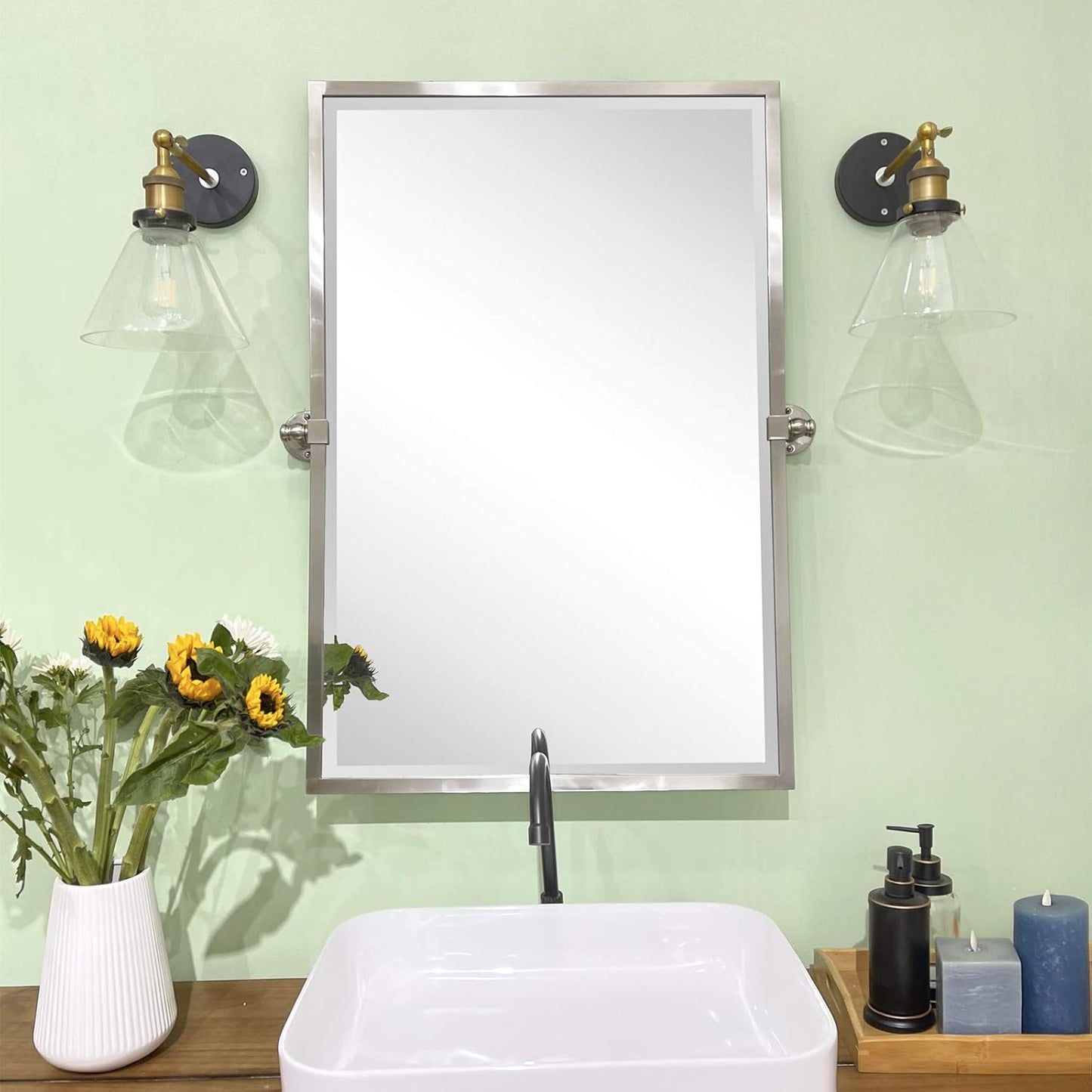 28.5 X 36 Inch Brushed Nickel Metal Framed Pivot Rectangle Bathroom Mirror in Stainless Steel Tilting Beveled Vanity Mirrors for Wall