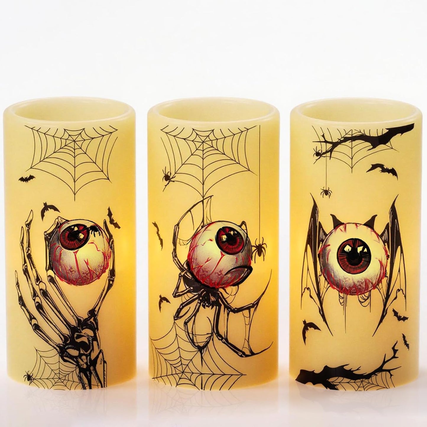 Halloween Flameless Candles, LED Flickering Battery Pillar Candles with 6H Timer and Pumpkin Decals, Spooky Fall Halloween Festival Party Decoration Set of 3 (D 3β X H 4β 5β 6β)