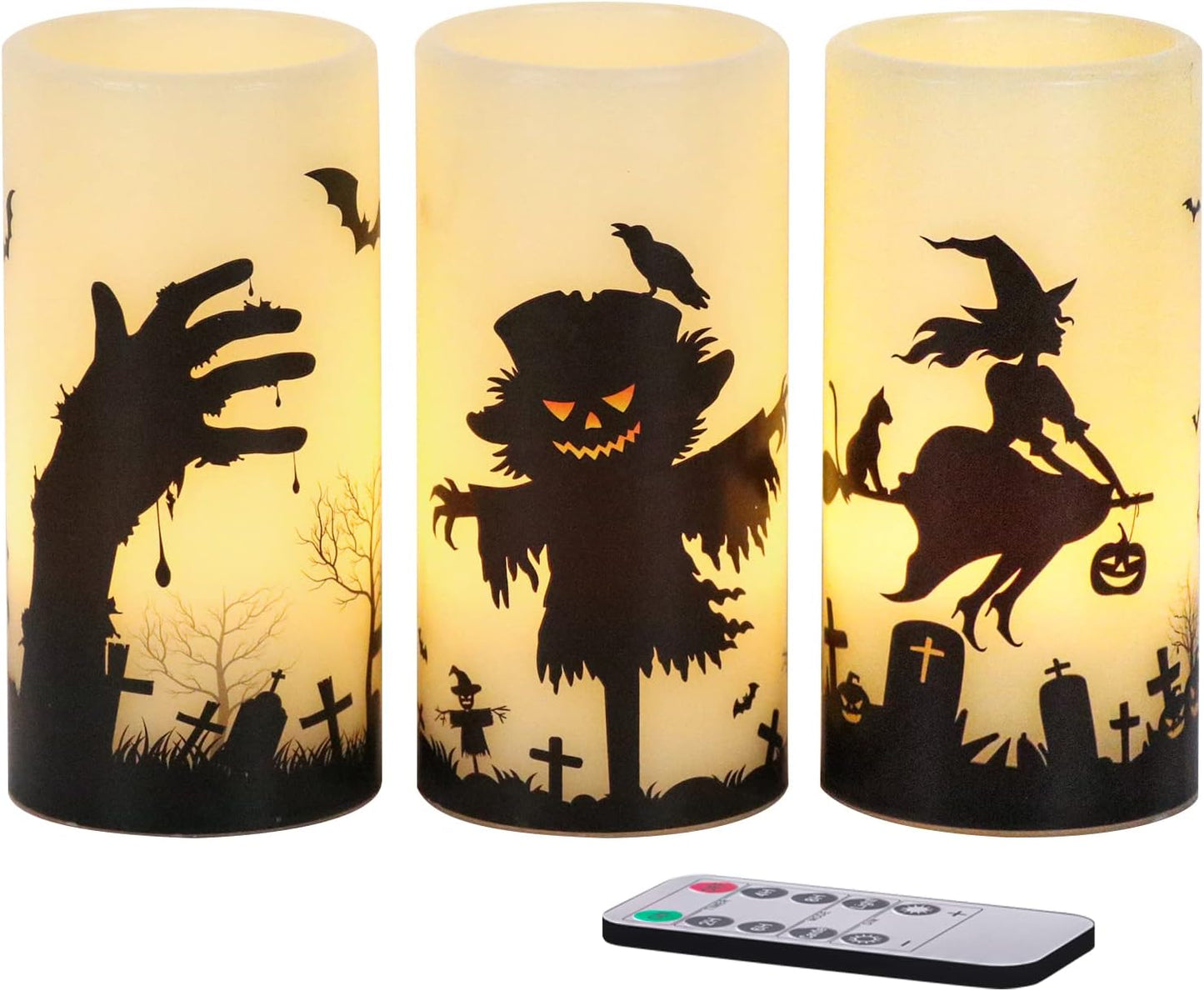 Halloween Flameless Candles, LED Flickering Battery Pillar Candles with 6H Timer and Pumpkin Decals, Spooky Fall Halloween Festival Party Decoration Set of 3 (D 3β X H 4β 5β 6β)