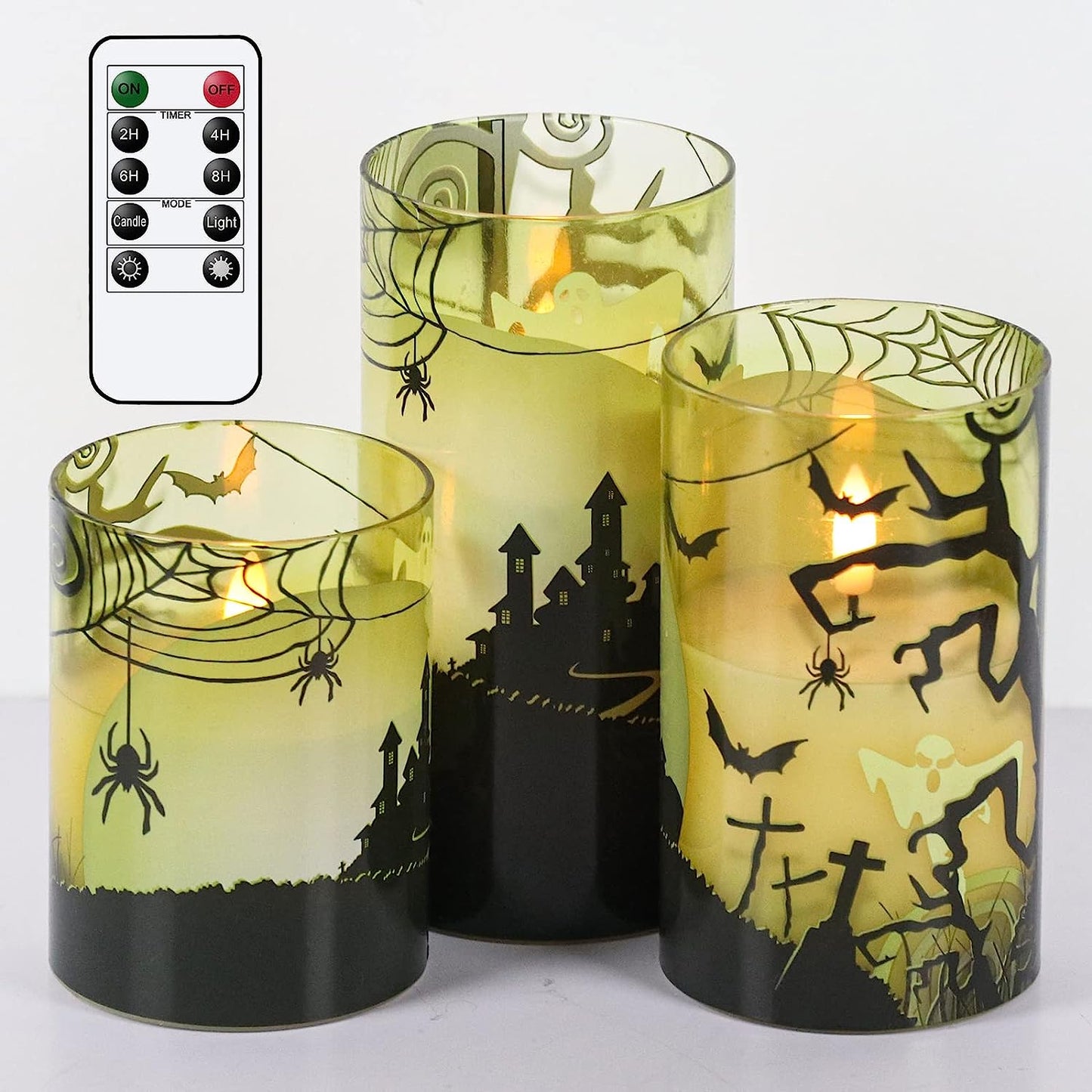 Halloween Flameless Candles, LED Flickering Battery Pillar Candles with 6H Timer and Pumpkin Decals, Spooky Fall Halloween Festival Party Decoration Set of 3 (D 3β X H 4β 5β 6β)
