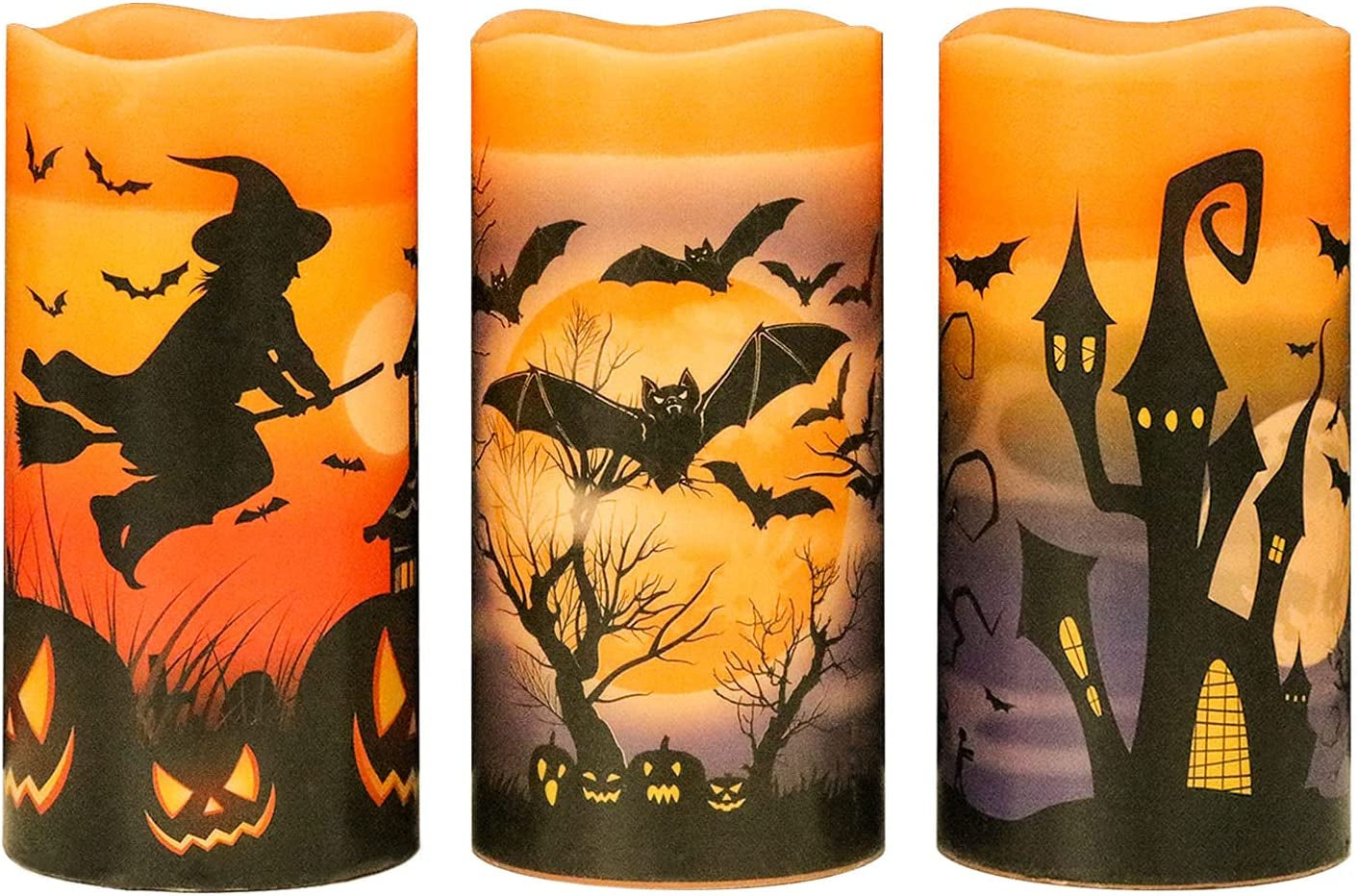 Halloween Flameless Candles, LED Flickering Battery Pillar Candles with 6H Timer and Pumpkin Decals, Spooky Fall Halloween Festival Party Decoration Set of 3 (D 3β X H 4β 5β 6β)