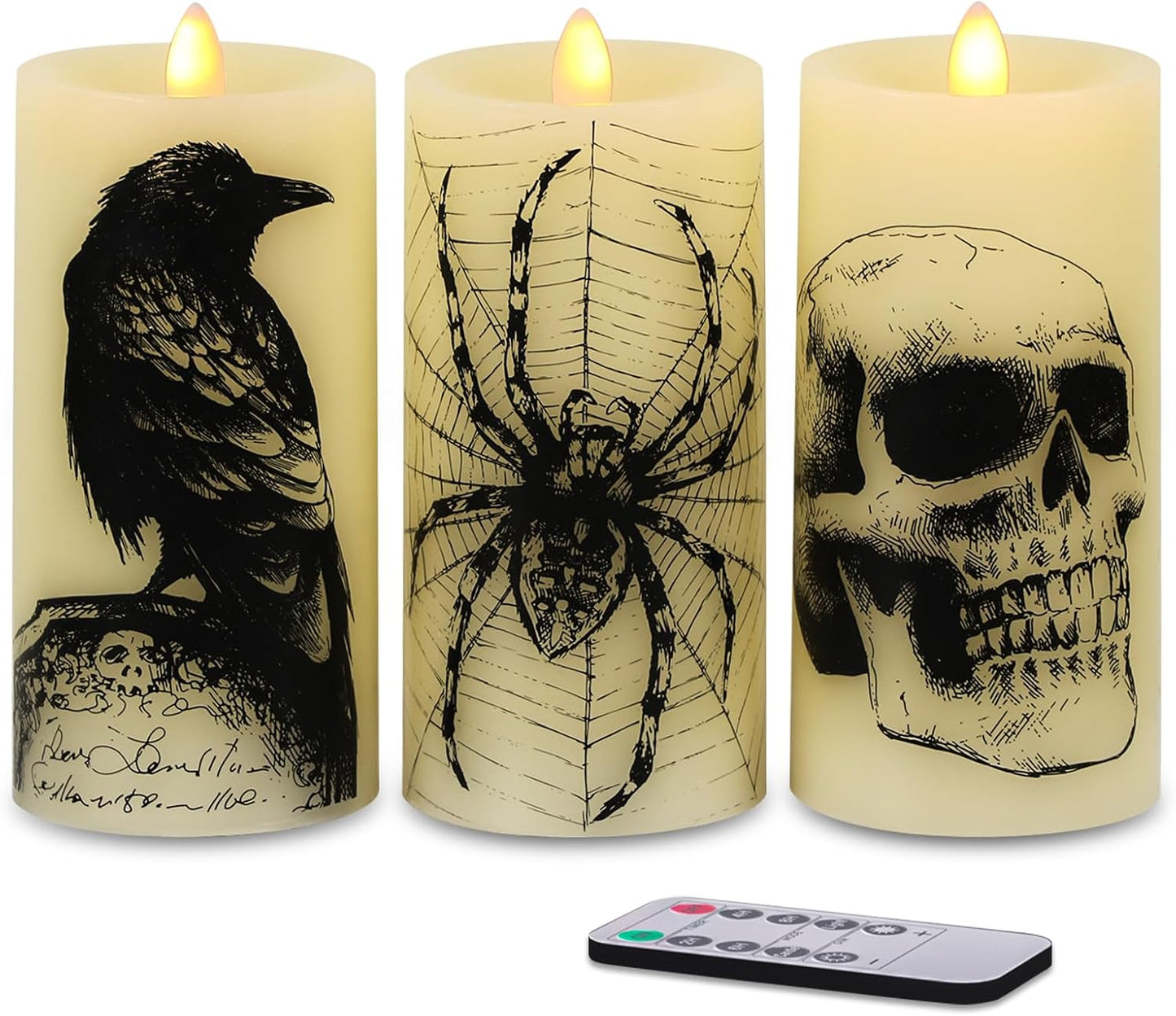 Halloween Flameless Candles, LED Flickering Battery Pillar Candles with 6H Timer and Pumpkin Decals, Spooky Fall Halloween Festival Party Decoration Set of 3 (D 3β X H 4β 5β 6β)