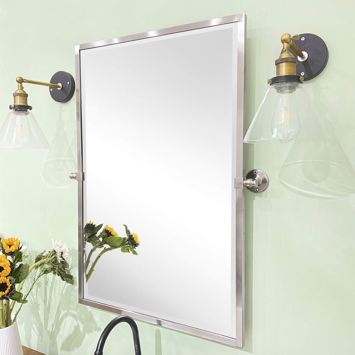 28.5 X 36 Inch Brushed Nickel Metal Framed Pivot Rectangle Bathroom Mirror in Stainless Steel Tilting Beveled Vanity Mirrors for Wall