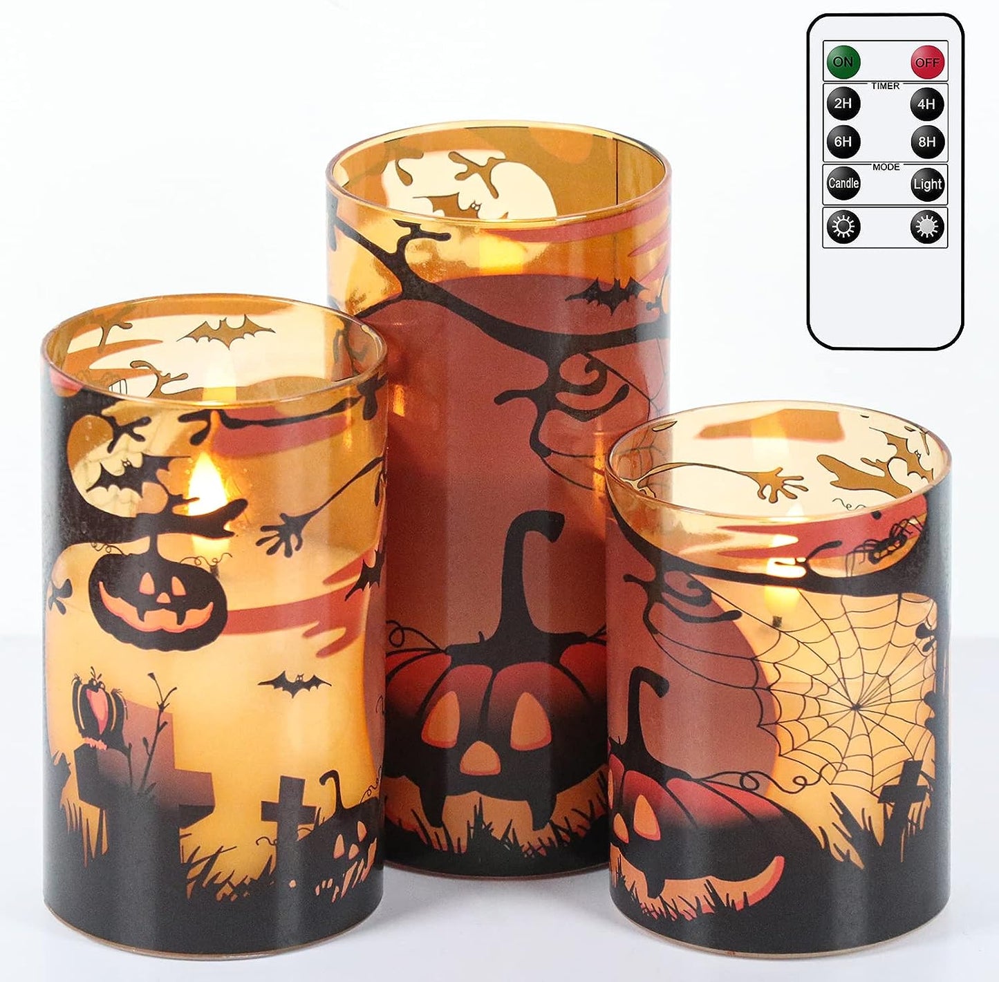 Halloween Flameless Candles, LED Flickering Battery Pillar Candles with 6H Timer and Pumpkin Decals, Spooky Fall Halloween Festival Party Decoration Set of 3 (D 3β X H 4β 5β 6β)