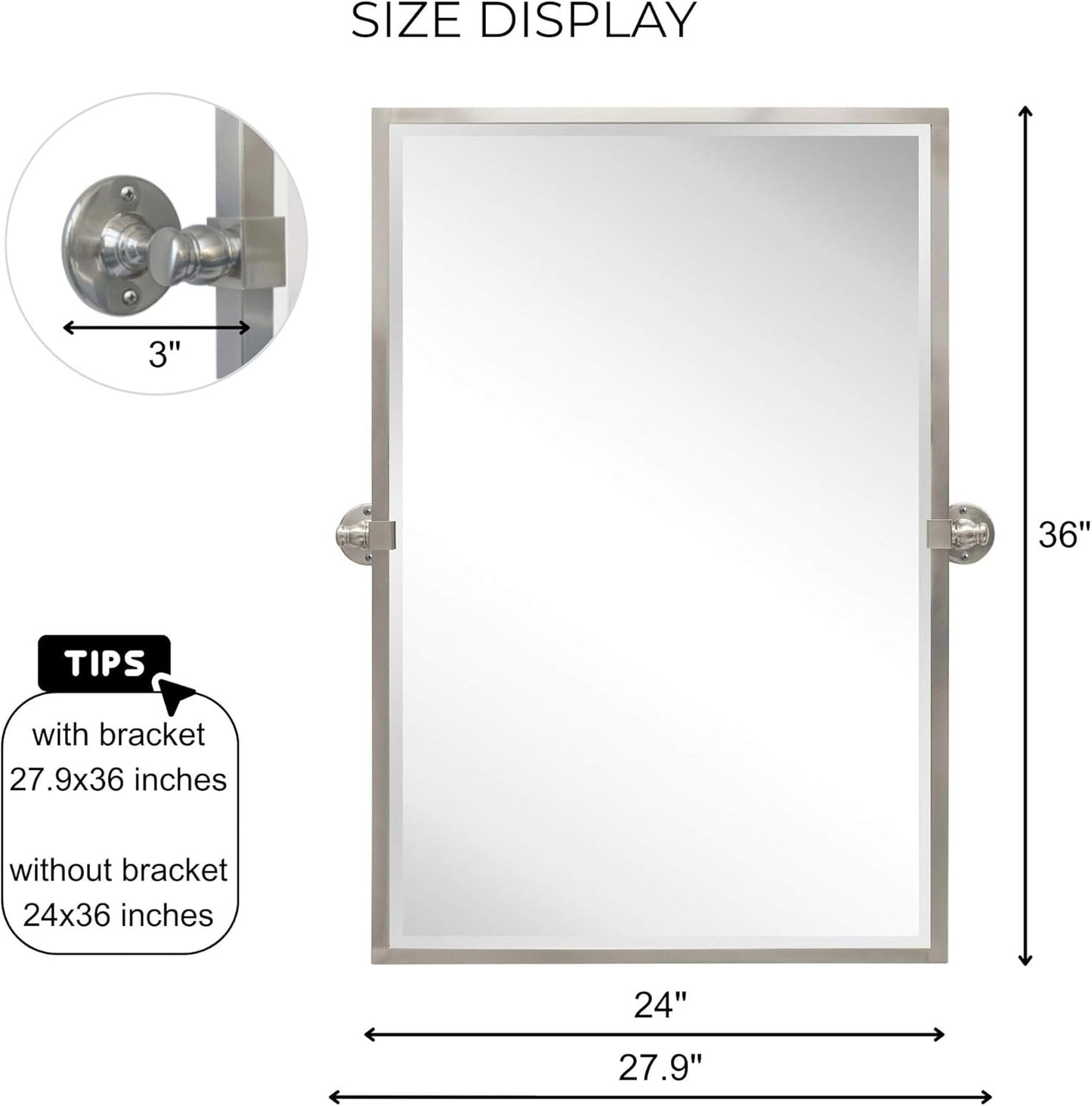 28.5 X 36 Inch Brushed Nickel Metal Framed Pivot Rectangle Bathroom Mirror in Stainless Steel Tilting Beveled Vanity Mirrors for Wall