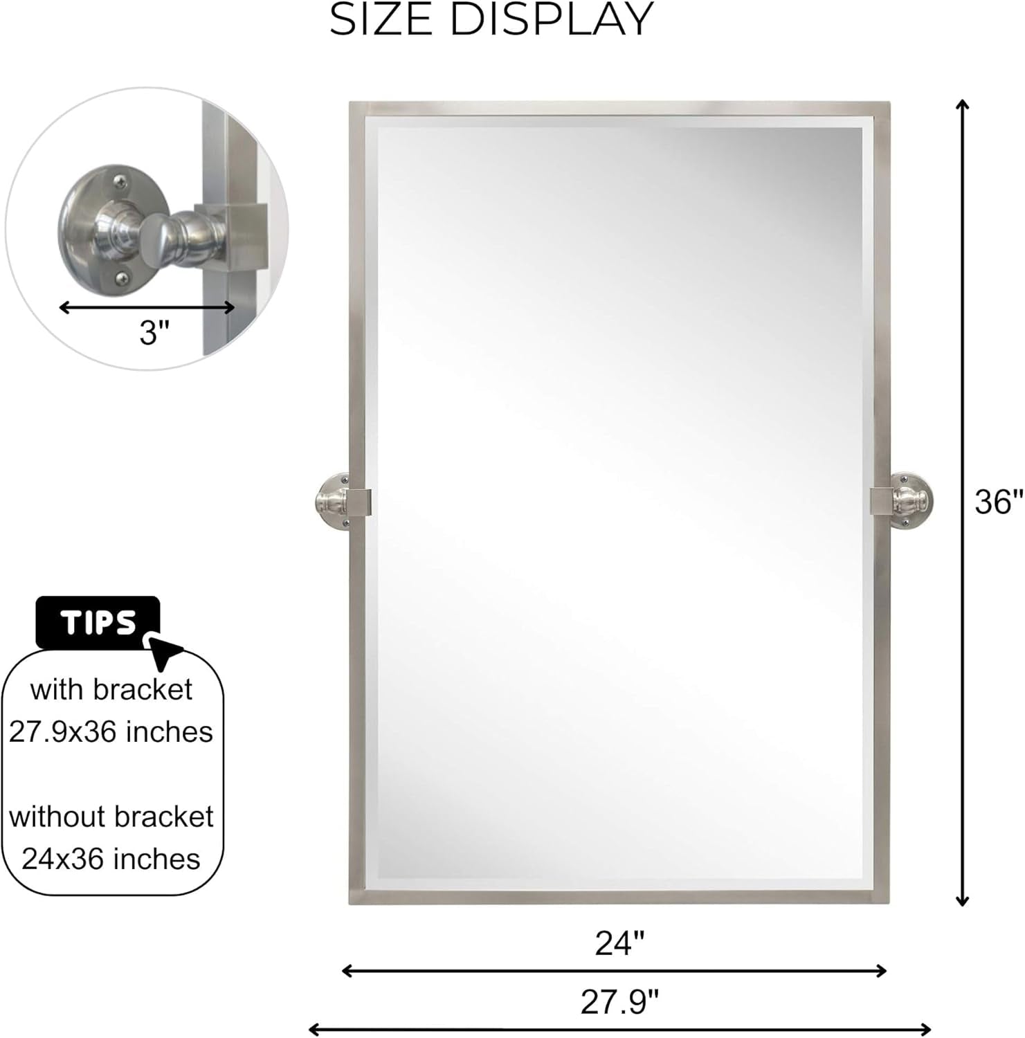 28.5 X 36 Inch Brushed Nickel Metal Framed Pivot Rectangle Bathroom Mirror in Stainless Steel Tilting Beveled Vanity Mirrors for Wall