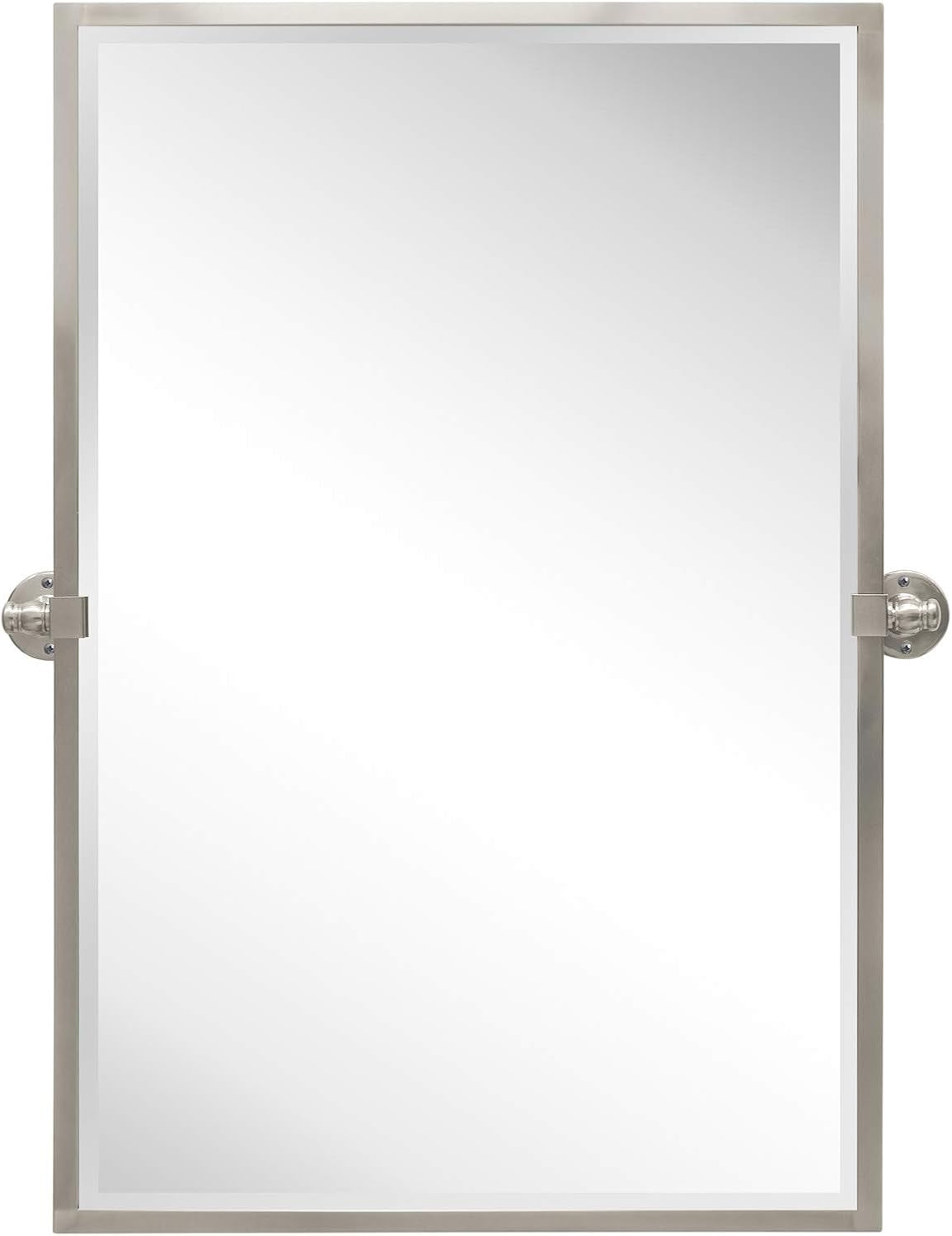 28.5 X 36 Inch Brushed Nickel Metal Framed Pivot Rectangle Bathroom Mirror in Stainless Steel Tilting Beveled Vanity Mirrors for Wall