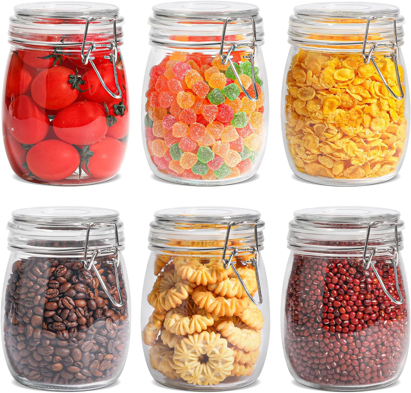 Airtight Glass Canister Set of 6 with Lids 17Oz Food Storage Jar round - Storage Container with Clear Preserving Seal Wire Clip Fastening for Kitchen Canning Cereal,Pasta,Sugar,Beans,Spice