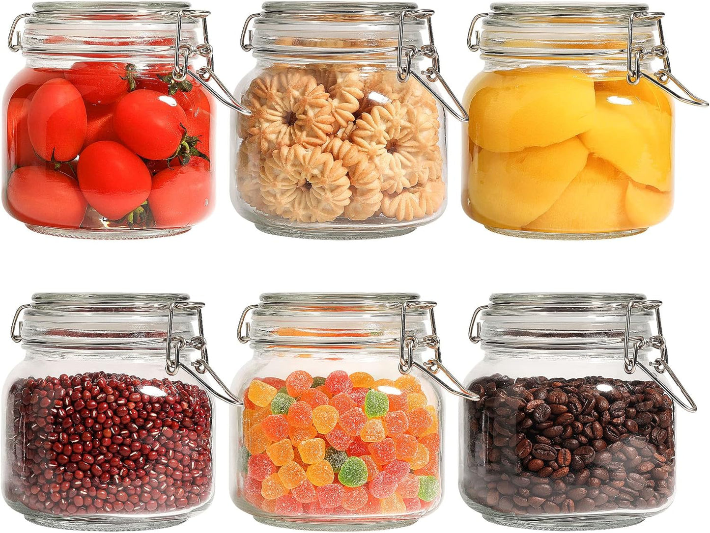 Airtight Glass Canister Set of 6 with Lids 17Oz Food Storage Jar round - Storage Container with Clear Preserving Seal Wire Clip Fastening for Kitchen Canning Cereal,Pasta,Sugar,Beans,Spice