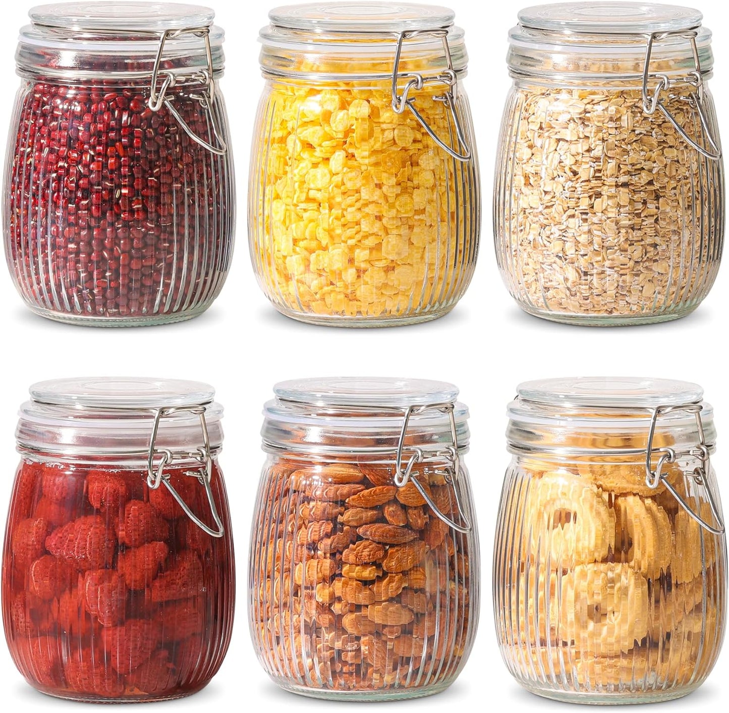 Airtight Glass Canister Set of 6 with Lids 17Oz Food Storage Jar round - Storage Container with Clear Preserving Seal Wire Clip Fastening for Kitchen Canning Cereal,Pasta,Sugar,Beans,Spice