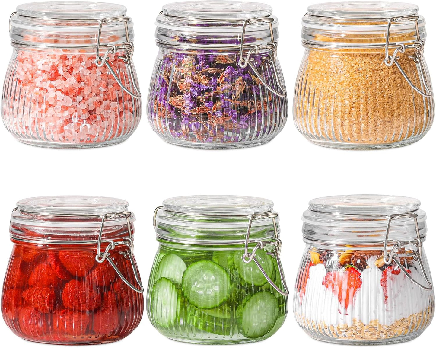 Airtight Glass Canister Set of 6 with Lids 17Oz Food Storage Jar round - Storage Container with Clear Preserving Seal Wire Clip Fastening for Kitchen Canning Cereal,Pasta,Sugar,Beans,Spice