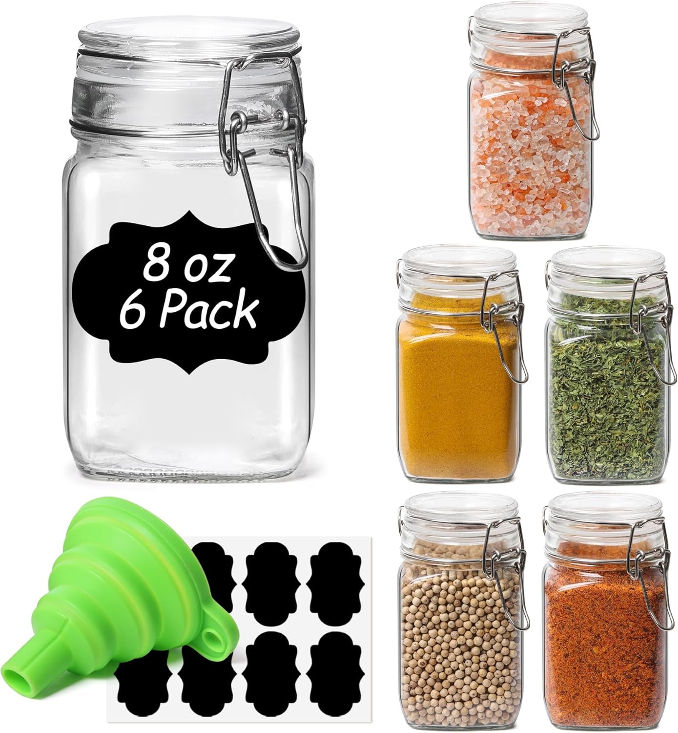 Airtight Glass Canister Set of 6 with Lids 17Oz Food Storage Jar round - Storage Container with Clear Preserving Seal Wire Clip Fastening for Kitchen Canning Cereal,Pasta,Sugar,Beans,Spice