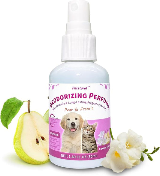 Luxury Pet Deodorizing Perfume Spray – Long-Lasting Pear & Freesia Scent (1.69 fl oz)